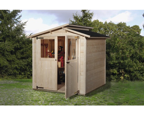 Gartenhaus weka 323 Gr.1 inkl. Fußboden 225 x 175 cm natur Holzgartenhaus mit Doppeltür und schwarzem Dach vor grünem Hintergrund