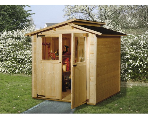 Gartenhaus weka 323 Gr.2 inkl. Fußboden 290 x 217 cm lasiert Gartenhaus aus Holz mit geöffneter Tür und Fenster zur Aufbewahrung von Gartengeräten