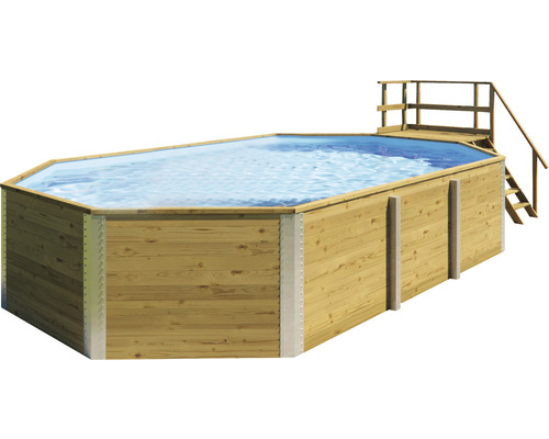 Aufstellpool Holzpool-Set Weka 594 rechteckig 714x376x116 cm inkl. Sandfilteranlage, Einbauskimmer, Filtersand, Bodenschutzvlies & Technikraum inkl. Holztreppe mit Handlauf Holzpool mit Leiter und Plattform