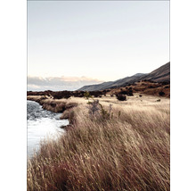 Landschaft mit Fluss, Gras und Bergen