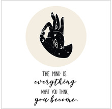 Illustration einer Hand mit Mond- und Sternmotiven und dem Schriftzug: The mind is everything. What you think, you become.