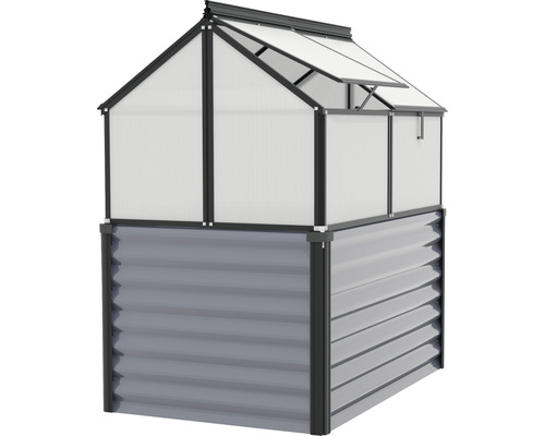 Hochbeet mit Gewächshausaufsatz und geöffnetem Fenster