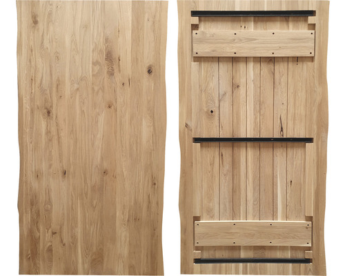 Tischplatte aus Eichenholz mit Baumkante und Befestigungselementen