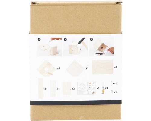 Bausatz für ein Vogelhaus mit Montageanleitung und Zubehör in einer Verpackung