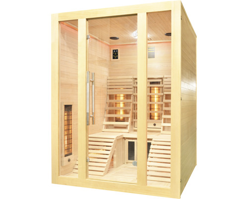 Innenansicht einer Holz-Infrarotsauna mit Glasfront und Sitzbänken