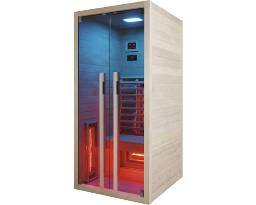 Infrarotsauna mit Glastür und Holzverkleidung.