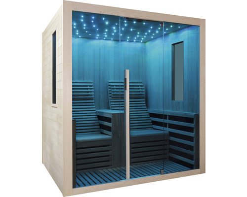 Innenansicht einer Sauna mit zwei Liegen und Sternenhimmel