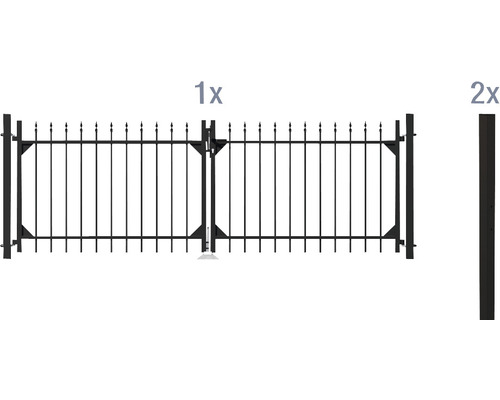 Doppeltor-Set ALBERTS Chaussee inkl. zwei Pfosten 301 x 100 cm matt-schwarz Einzelelement und zwei Zaunpfosten für einen Gartenzaun