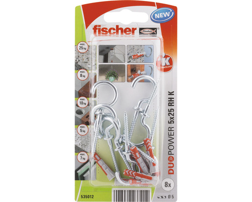 Fischer Dübel DUOPOWER 5x25 mit Haken, 8 Stück, zur Befestigung an verschiedenen Oberflächen
