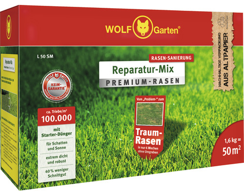 Rasensamen Wolf-Garten Reparatur-Mix mit Dünger 1,6 kg / 50 m² Wolf Garten Reparatur-Mix Premium-Rasen für die Rasensanierung, ausreichend für 50 Quadratmeter