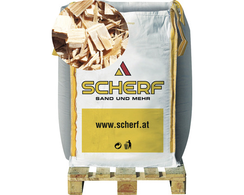 Holzchips/Hackschnitzel Natur 0-50 mm 1.000 l BigBag Sack Holzspäne auf einer Palette mit Schärf Logo