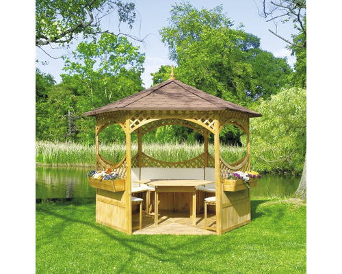 Pavillon Palma Bitumenschindeldach 326 x 326 x 290 cm Holz rotbraun inkl. Möbel