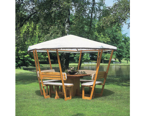 Gartenlaube Set Rosenheim weißes Dach 304 x 304 x 213 cm Holz Polythylen weiß Holzpavillon mit Tisch und Bänken im Garten