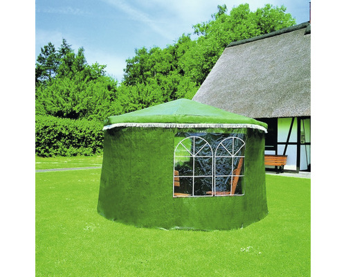 Gartenpavillon Set Rosenheim 3,04 x 3,04 x 2,13 m grünes Dach Holz Polythylen grün Gartenzelt auf einer Rasenfläche vor einem Haus
