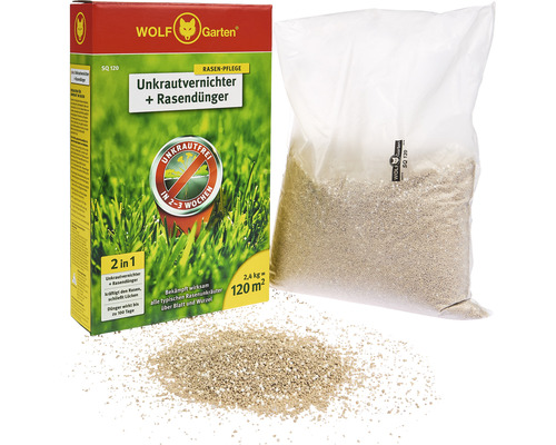 Wolf Garten Unkrautvernichter plus Rasendünger Packung und Sack