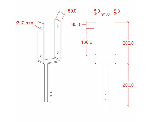 Technische Zeichnung eines Pfostenträgers mit Maßangaben