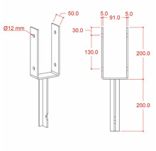 Technische Zeichnung eines U-Pfostenträgers mit Maßangaben