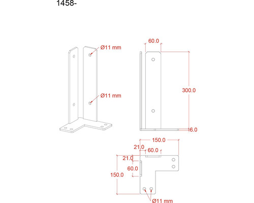 Technische Zeichnung eines Eckverbinders mit Maßangaben.