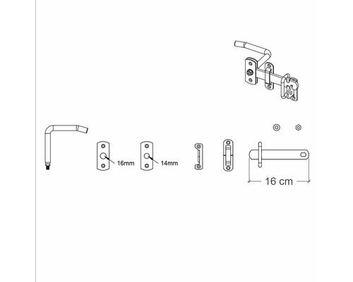Illustration eines 16 Zentimeter langen Riegel-Sets mit Abmessungen.