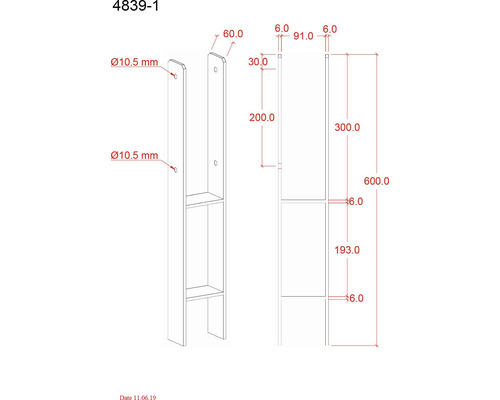 Technische Zeichnung eines Regalträgers mit Maßangaben