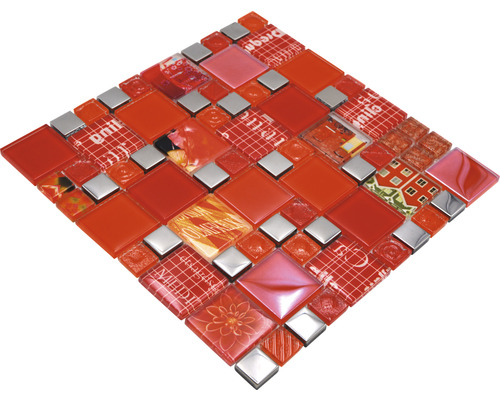Mosaikfliese aus Glas und Metall in Rot und Silber