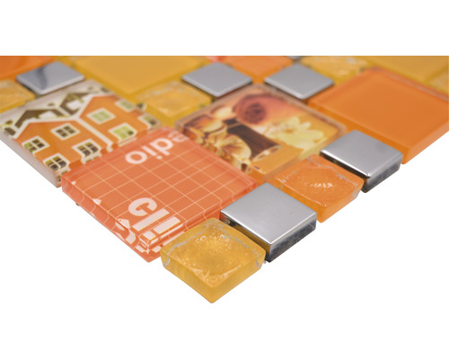 Mosaikfliese mit Hausmotiv, Blumenmotiv und Schriftzug