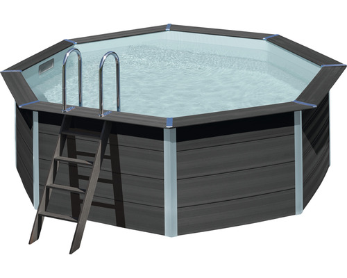 Aufstellpool WPC-Pool-Set Gre rund Ø 410x124 cm inkl. Sandfilteranlage, Skimmer, Leiter, Filtersand & Bodenschutzvlies grau