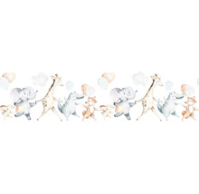 Illustration mit Tieren, Luftballons und Wolken
