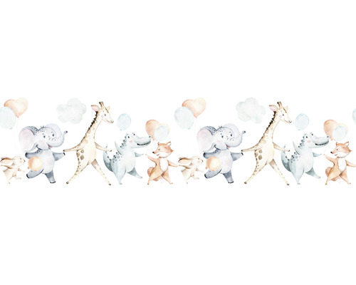 Bordüre 45866 Kids Walls Tiere weiß blau braun 5 m x 26,5 cm Illustration mit Tieren, Luftballons und Wolken