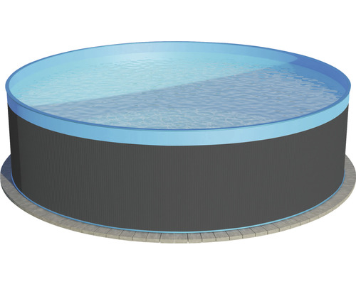 Aufstellpool Stahlwandpool-Set Planet Pool rund Ø 550x120 cm inkl. Sandfilteranlage, Einbauskimmer, Leiter, Filtersand & Anschlussschlauch anthrazit mit Overlap-Folie blau