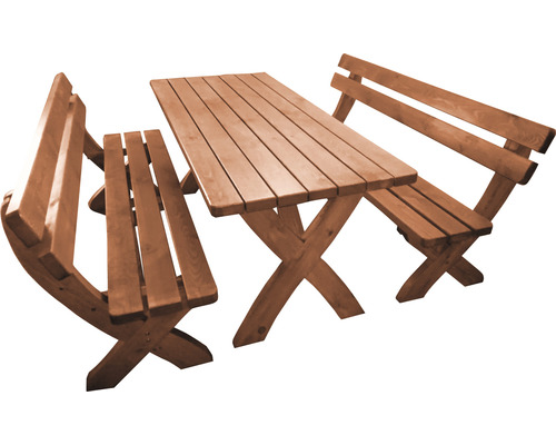 Gartentischgruppe aus Holz mit Tisch und zwei Bänken