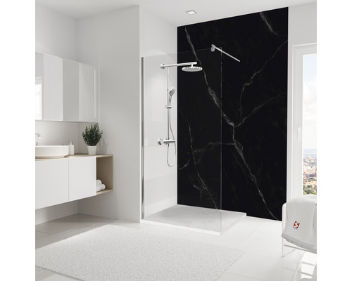 Duschrückwand Schulte Decodesign 1500x2550x3 mm Dekor Marmor schwarz Modernes Badezimmer mit Duschkabine, Waschtisch und Spiegel