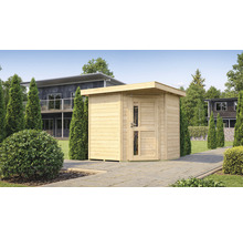Holzgartenhaus mit Flachdach im Garten