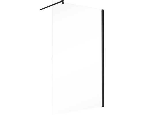 Duschwand aus Glas mit schwarzem Rahmen und Stabilisierungsstange