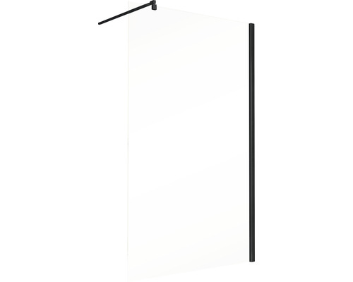 Duschwand aus Glas mit schwarzem Rahmen und Stabilisierungsstange