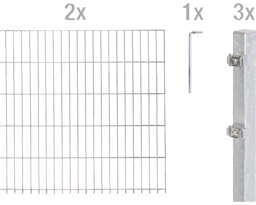 Doppelstabmattenset ALBERTS Typ 6/5/6 400 x 100 cm feuerverzinkt Komponenten für einen Gartenzaun: zwei Zaunelemente, ein Inbusschlüssel und drei Zaunpfosten