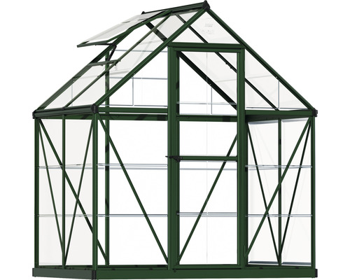 Gewächshaus mit Regalen und einer Tür