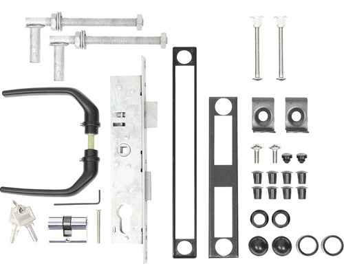 Zubehör-Set ALBERTS für Wellengitter-Tore bis 1500 mm Höhe RAL 7016 anthrazit Türbeschlagset mit Türklinke, Schlosskasten, Schlüssel und Befestigungsmaterial