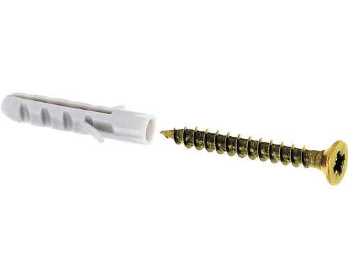Schrauben- und Dübel Set Ø 3x25 mm vje 10 Stück vermessingt Kunststoffdübel mit passender Schraube