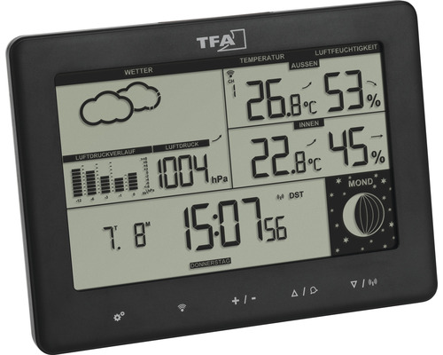Schwarze TFA Wetterstation mit Anzeige von Temperatur, Luftfeuchtigkeit und Mondphase