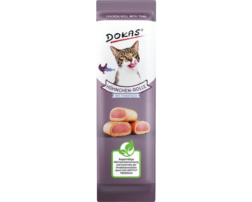 Katzensnack Dokas Hühnchenrolle mit Thunfisch 10 g DOKAS Hühnchen Rolle mit Thunfisch Katzen-Snack Verpackung