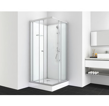 Eckdusche mit Schiebetür und Duscharmatur im Badezimmer