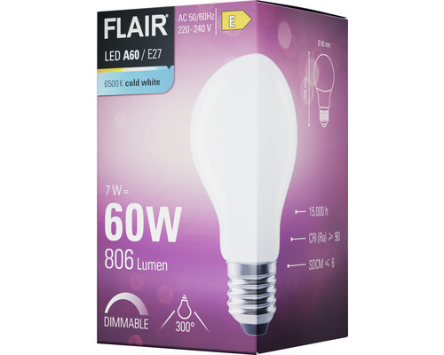 Verpackung einer dimmbaren Flair LED Lampe A60 E27 mit 7 Watt, die 60 Watt entspricht und 806 Lumen erzeugt
