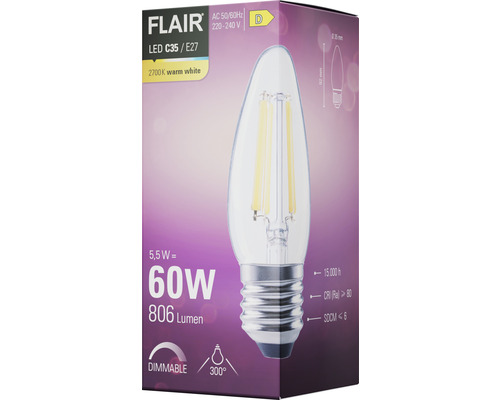 Flair LED Lampe C35 E27, 5,5 Watt, 60 Watt Entsprechung, 806 Lumen