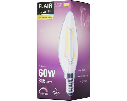 Verpackung einer dimmbaren Flair LED Lampe C35 E14
