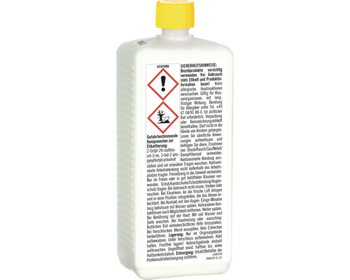 Biozidprodukt in einer weißen Flasche mit gelbem Verschluss