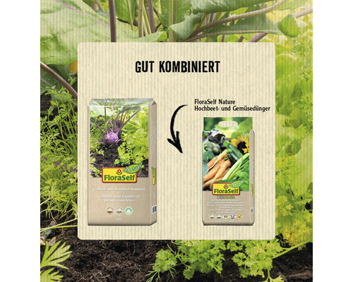 Empfohlene Kombination: FloraSelf Gemüsekompost und FloraSelf Hochbeetdünger