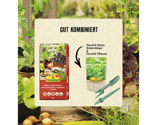 FloraSelf Kräuter- und Anzuchterde mit FloraSelf Nature Kräuterdünger und FloraSelf Pikierset