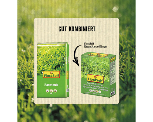 FloraSelf Rasenerde und Rasenstarter Dünger als empfohlene Kombination