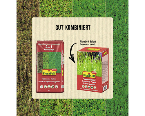 FloraSelf Rasensand, Humus und Powernachsaat zur Rasenpflege
